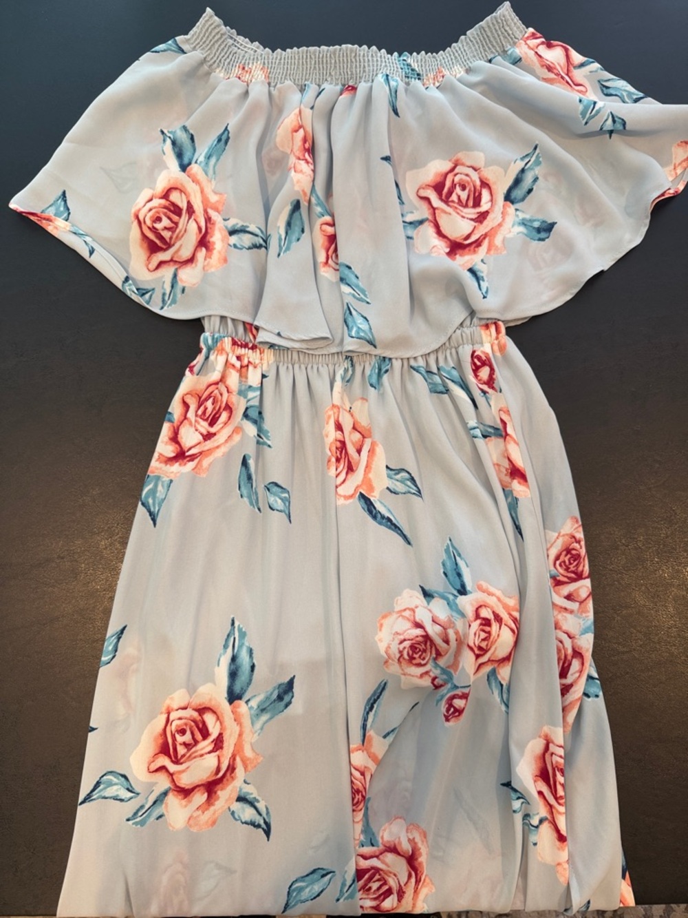 Show Me Your MuMu- Off-Shoulder Floral Sundress in Light Blue with Pink Roses